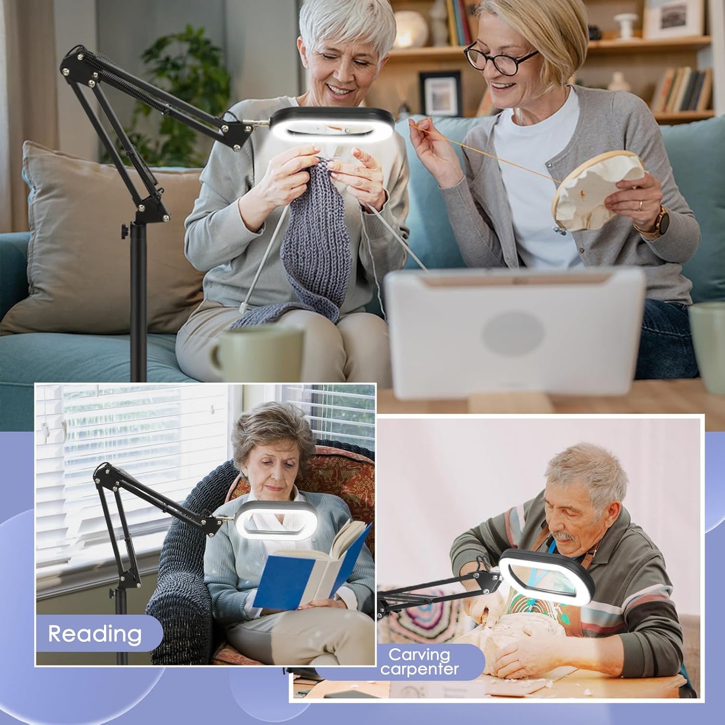 10X Large Rectangle Magnifying Glass with Light and stand, 5*3 Inch Real Glass 5 Color Modes Stepless Dimmable Arm Swing LED Floor Lamp, 3-in-1 Lighted Magnifier for Reading Painting Craft Close Work