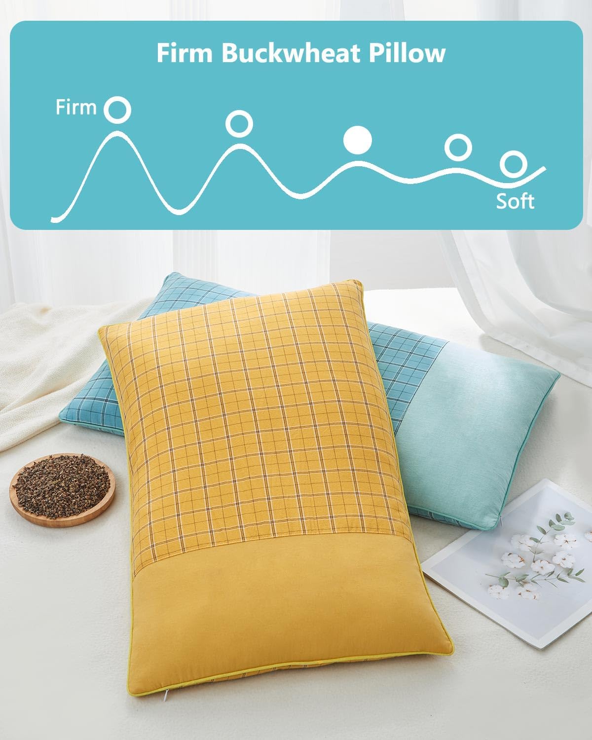 Adjustable Buckwheat Sleeping Pillow – Customizable Loft Cool Cervical Support Pillow for All Sleep Positions, Flat Rectangular Cube Design (23.6"x13.7", Blue)