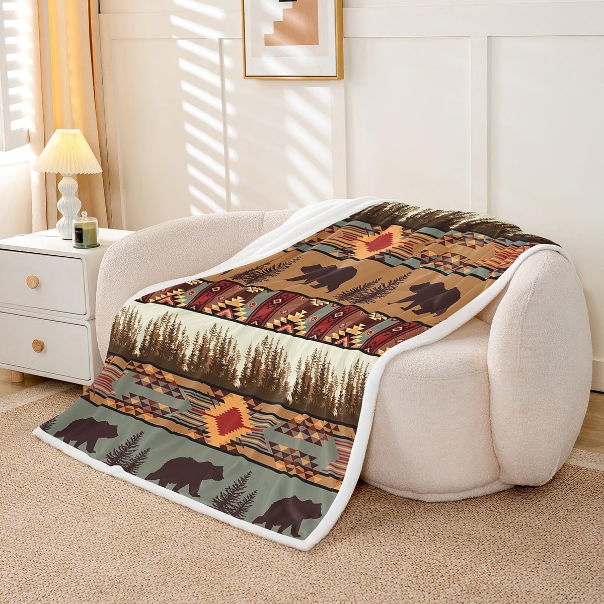 Feelyou Boho Fleece Throw Blanket Throw 50"x60" Bear Plush Blanket for Boys Girls Teens Rustic Sherpa Blanket Cabin Fuzzy Blanket Olive Brown Flannal Blanket