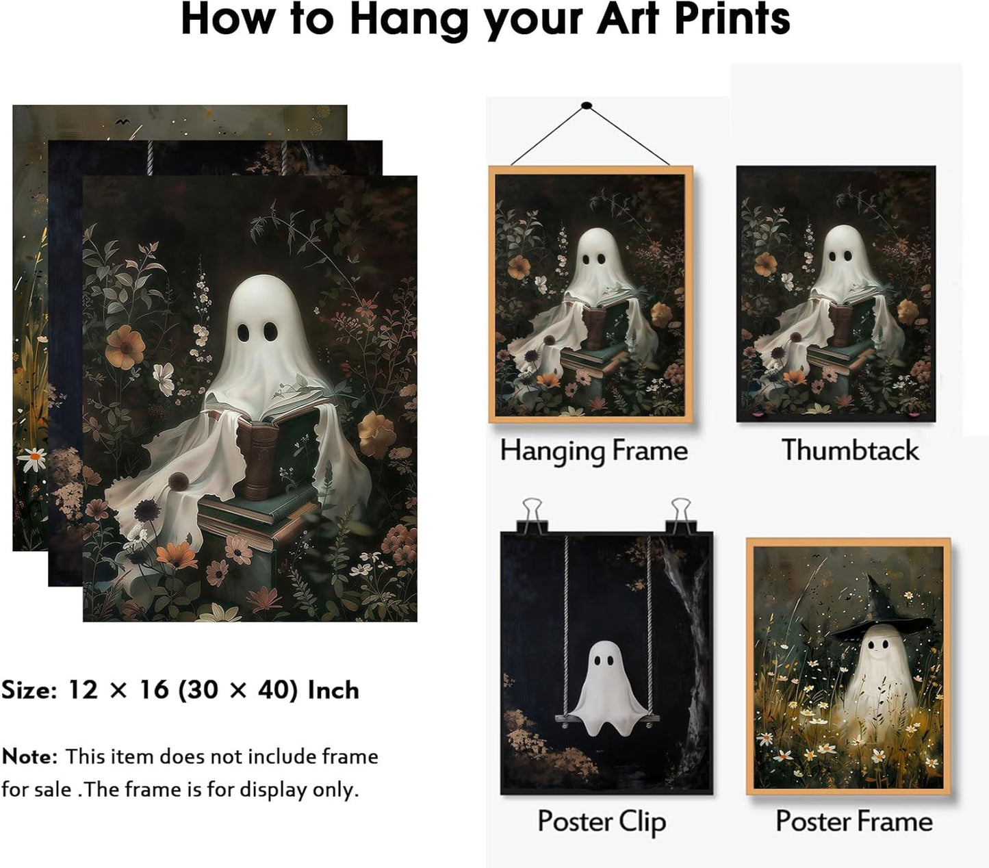 RERNIE et of 3 Ghost Wall Art Witch Poster Halloween Bathroom Decor, Gothic Dark Academia Canvas Wall Art, Funny Bathroom Pictures, Spooky Horror Home Decor 12x16 Inch Unframed