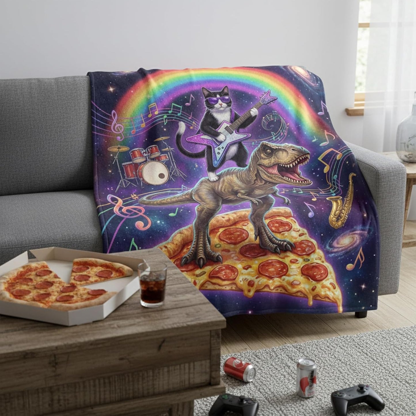 Funny Rock Cat Throw Blanket, Music Cat Pizza Dinosaur Musical Galaxy Soft Cozy Flannel Blanket for Music Lovers, 50×60 inch