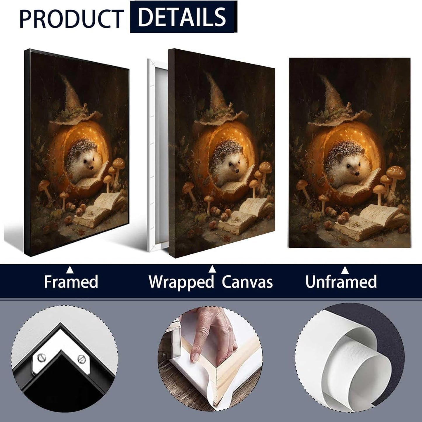 Hedgehog Reading Posters Halloween Forest Kid'S Canvas Wall Art Funny Animals Prints for Living Room Bedroom Home Wall Decor 12x16in Unframed