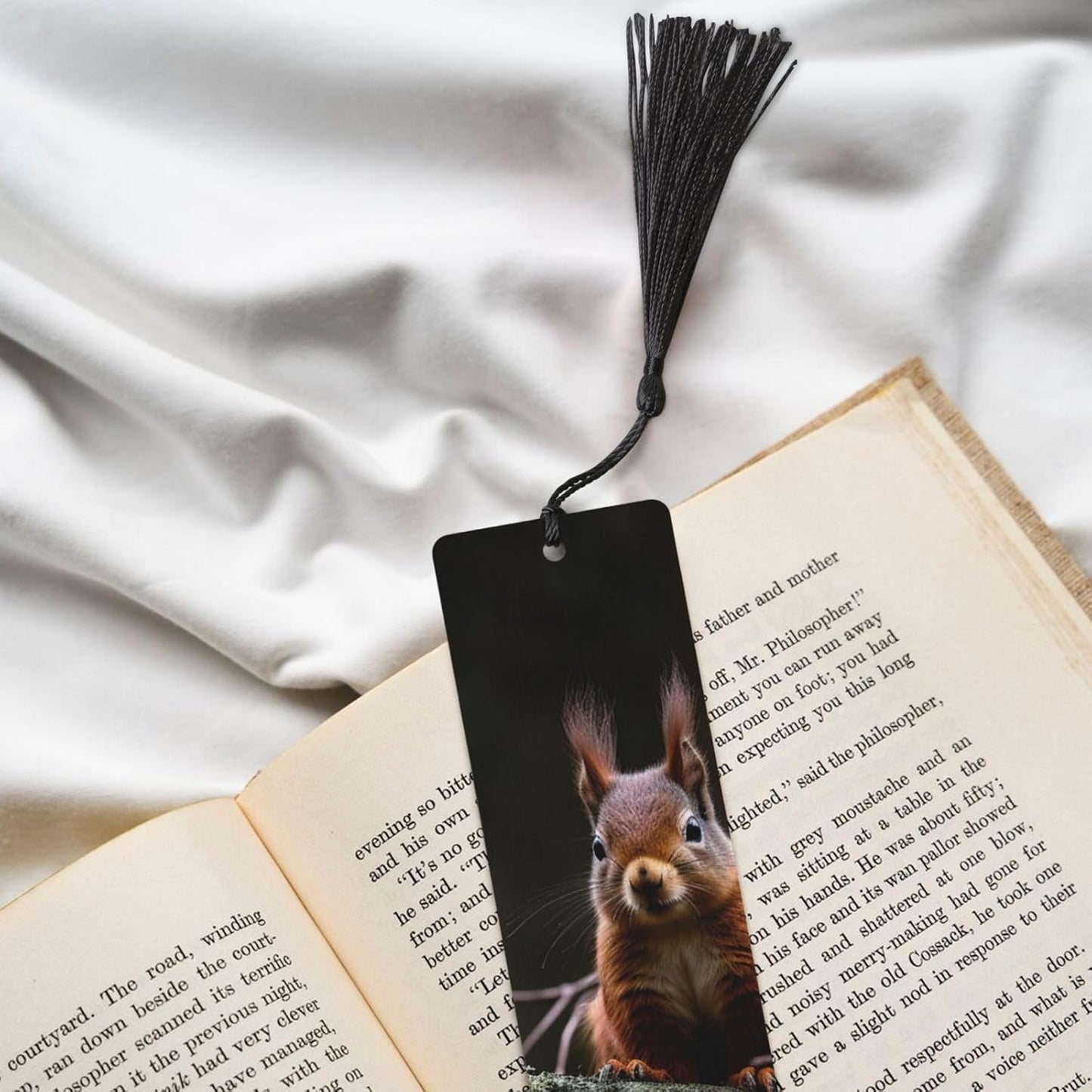Squirrel in The Wild Bookmarks Gifts for Women Men, Wooden Bookmarks for Book Lovers, Vintage Book Marks Ornaments with Tassel, Unique Personalized Reading Page Markers Black