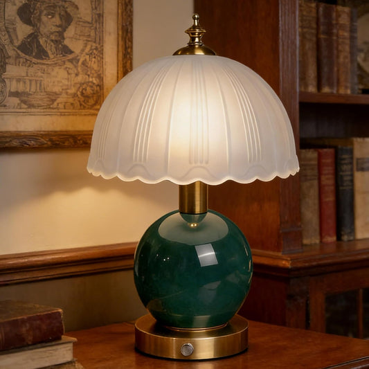 Living Room Vintage Ceramic lamp,12 inch Modern Rechargeable Touch Light, Stepless Light Adjustment Desk Lamp, Classic Chinese Style Emerald Green