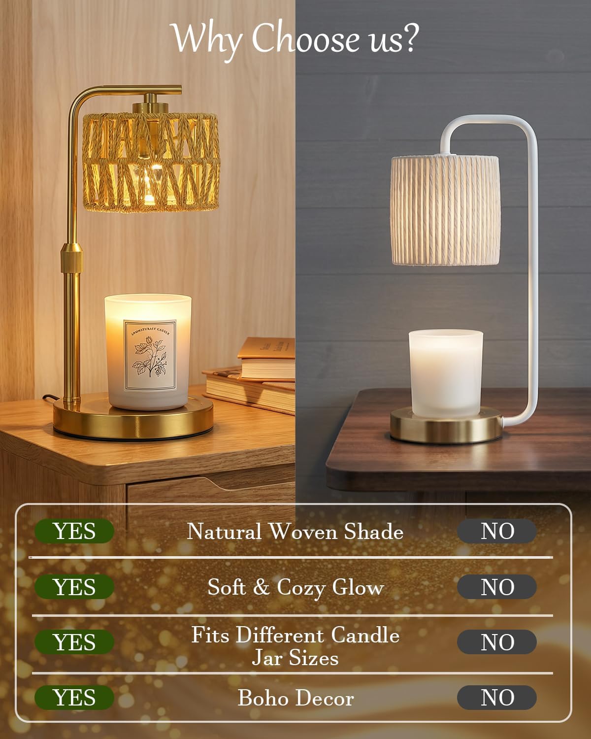 Candle Warmer Lamp with Timer, Dimmable Candle Warmer for Jar Candles, Height Adjustable Candle Lamp Warmer, Boho Rattan Lampshade and 2 Bulbs, Gift for Home Room Decor, Gifts for Women Mom (Gold)