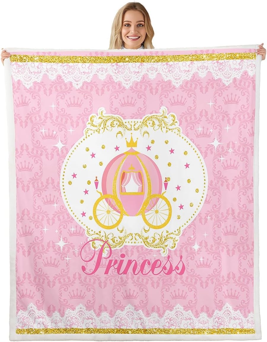Princess Style Bed Blanket Pink Luxury Throw Blanket Lightweight Soft Cozy Luxury Carriage Fleece Blanket Cute Cartoon Flannel Blanket for Sofa Bedroom Office Travel All Season(Twin 60"x80")