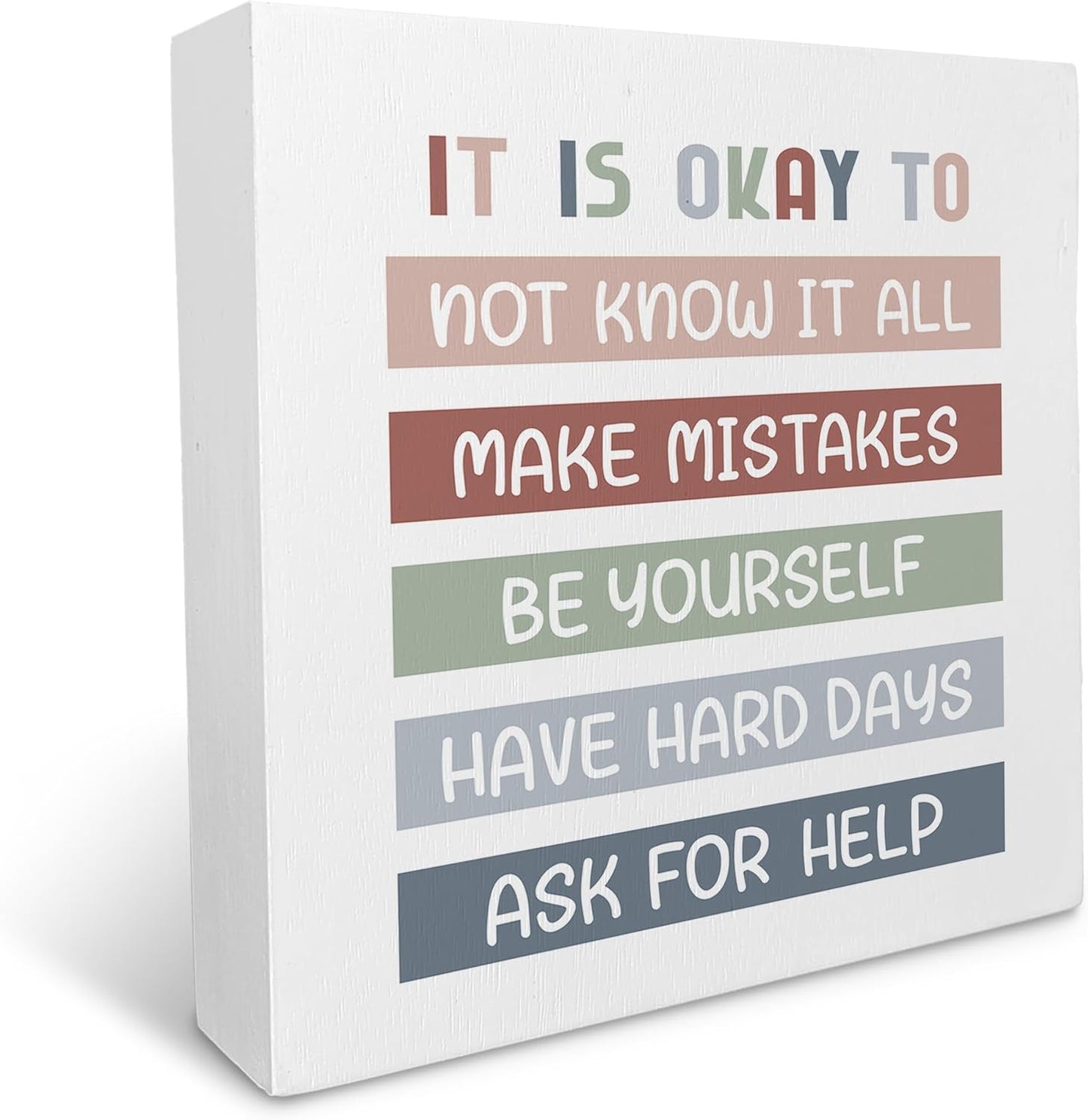 Ku-Dayi It is Okay To Mental Health Wooden Box Sign, Inspirational Boho Teacher Office Classroom School Therapy Reading Corner Wall Shelf Table Wooden Block Plaques Desk Decor Accents 8x8 Inch