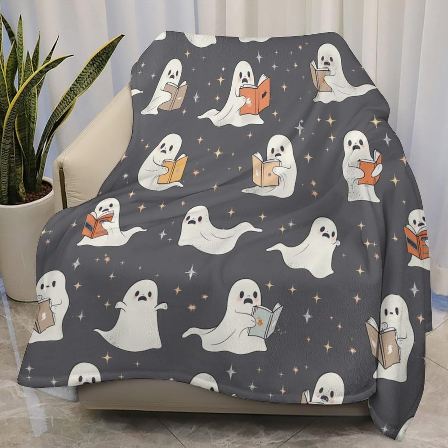 Delerain Flannel Blanket Cute Ghosts Reading Books Lightweight Cozy Bed Blanket Soft Throw Blanket fits Couch Sofa Suitable for All Season 60"x80" for Adults Women Men