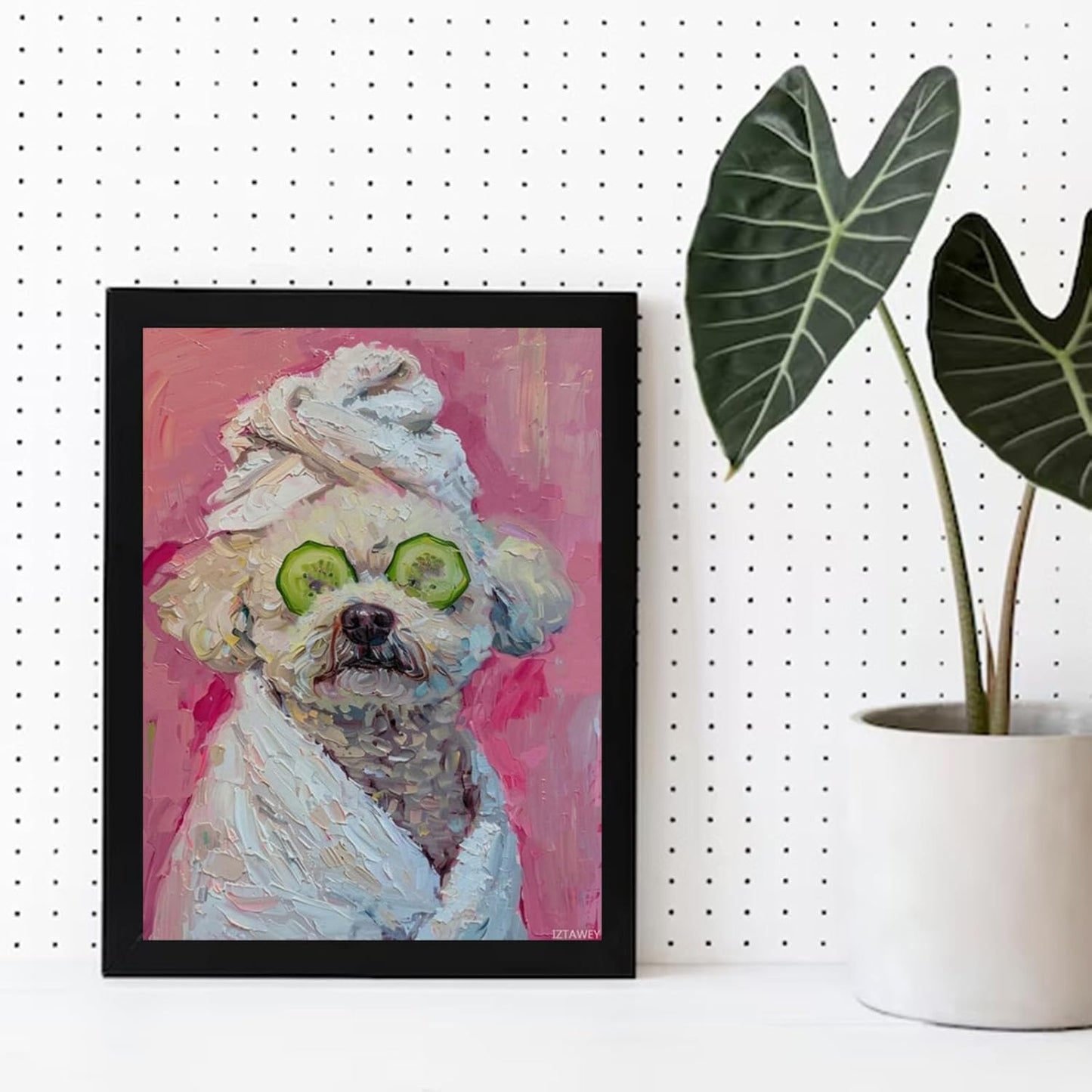 Bichon Frise Poster Print Pink Dopamine Wall Art Animal Bathroom Decor Canvas Funny Bathroom Dog Wall Art Poster Funny Aesthetic Decoration Gift Unframed 12x16inch