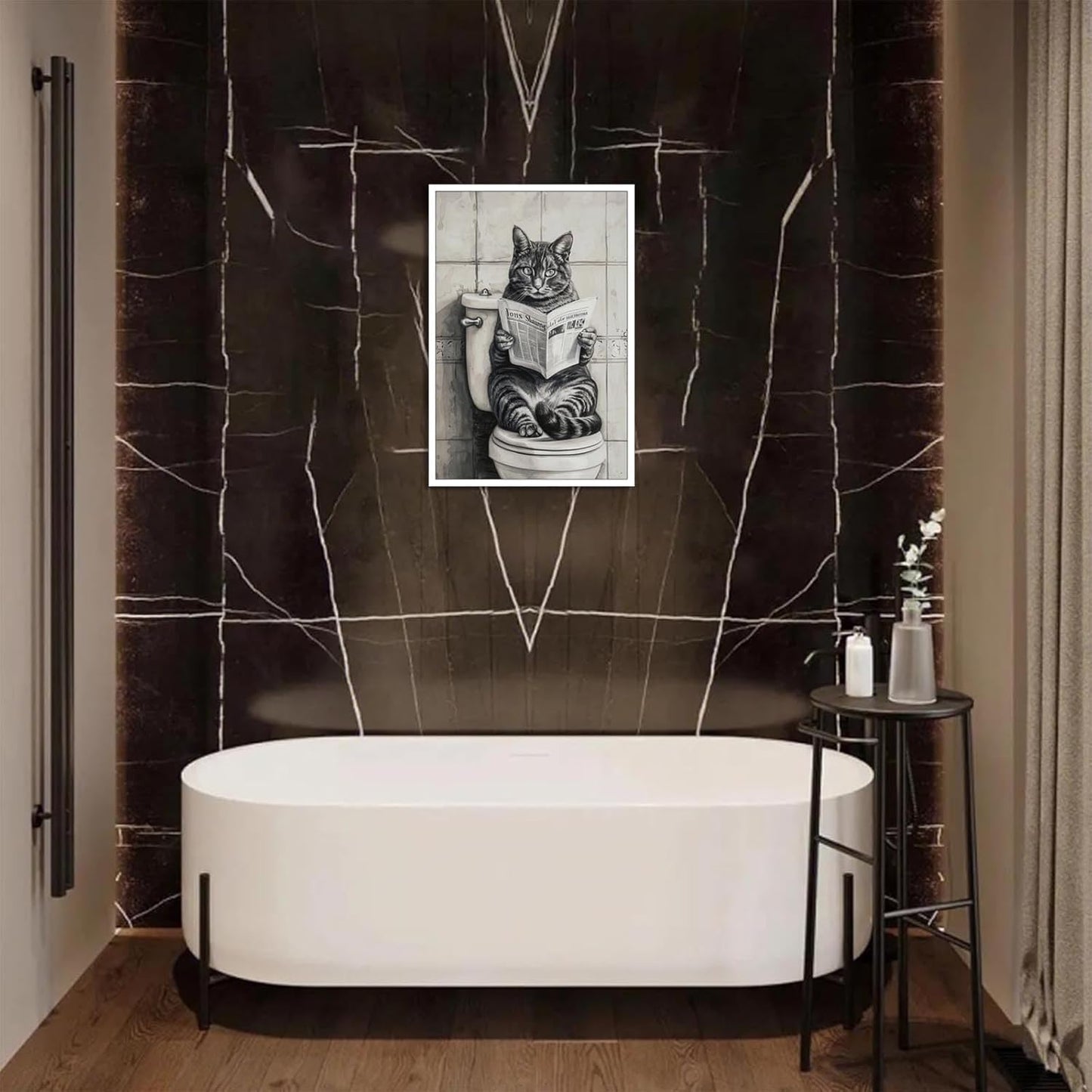 Black And White Bathroom Canvas Wall Art Funny Cat Reading Newspaper Poster Retro Abstract Cute Animal Picture Prints Painting For Home Bathroom Toilet Restroom Wall Decor 12x16in Unframed