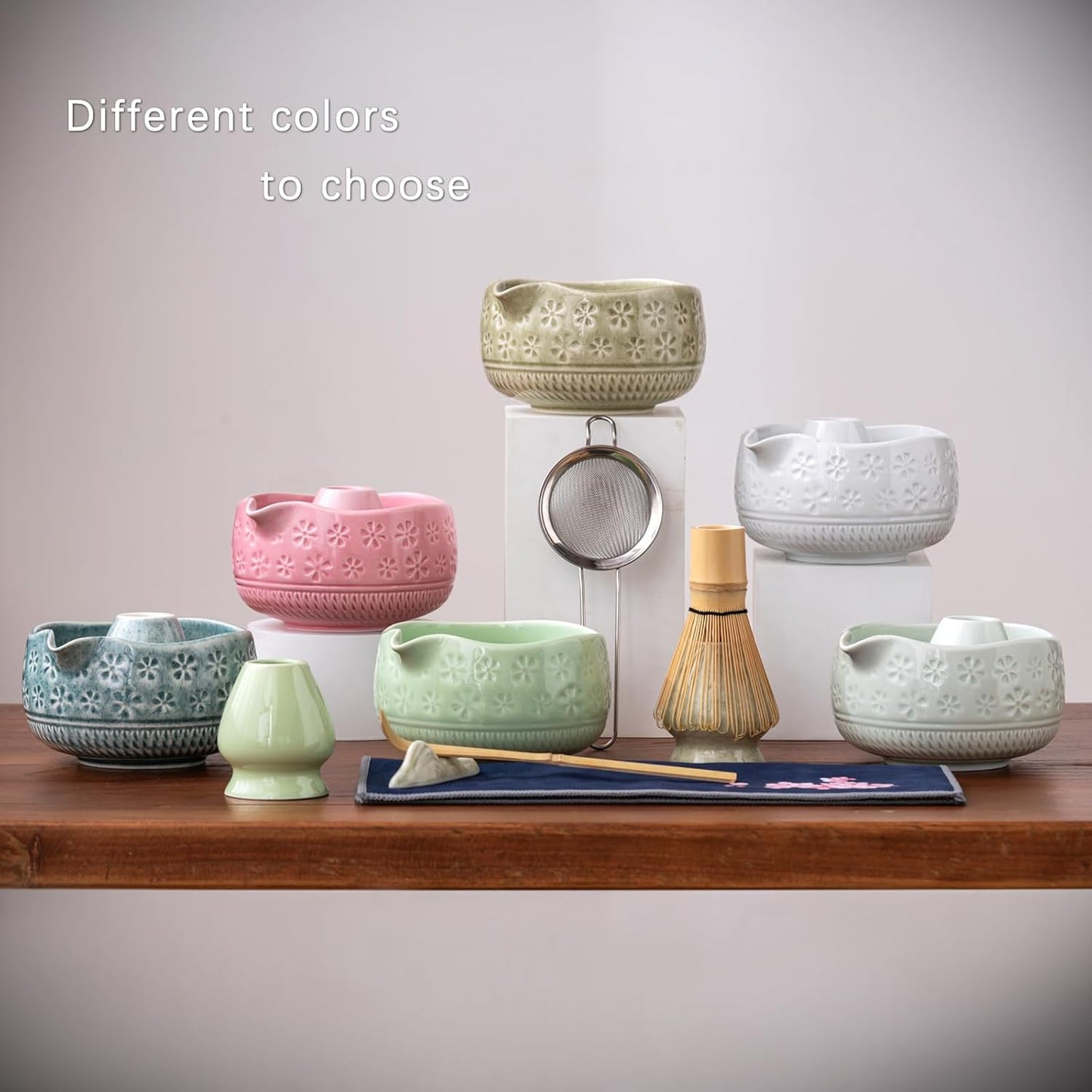 Matcha Whisk Set, Ceramic Matcha Kit Set Includes Matcha Bowl, Matcha Whisk and Holder, Bamboo Scoop, Scoop Rest, Sifter and Tea Towel - 7 Pcs Matcha Kit for Matcha Lovers (Mottled Green)