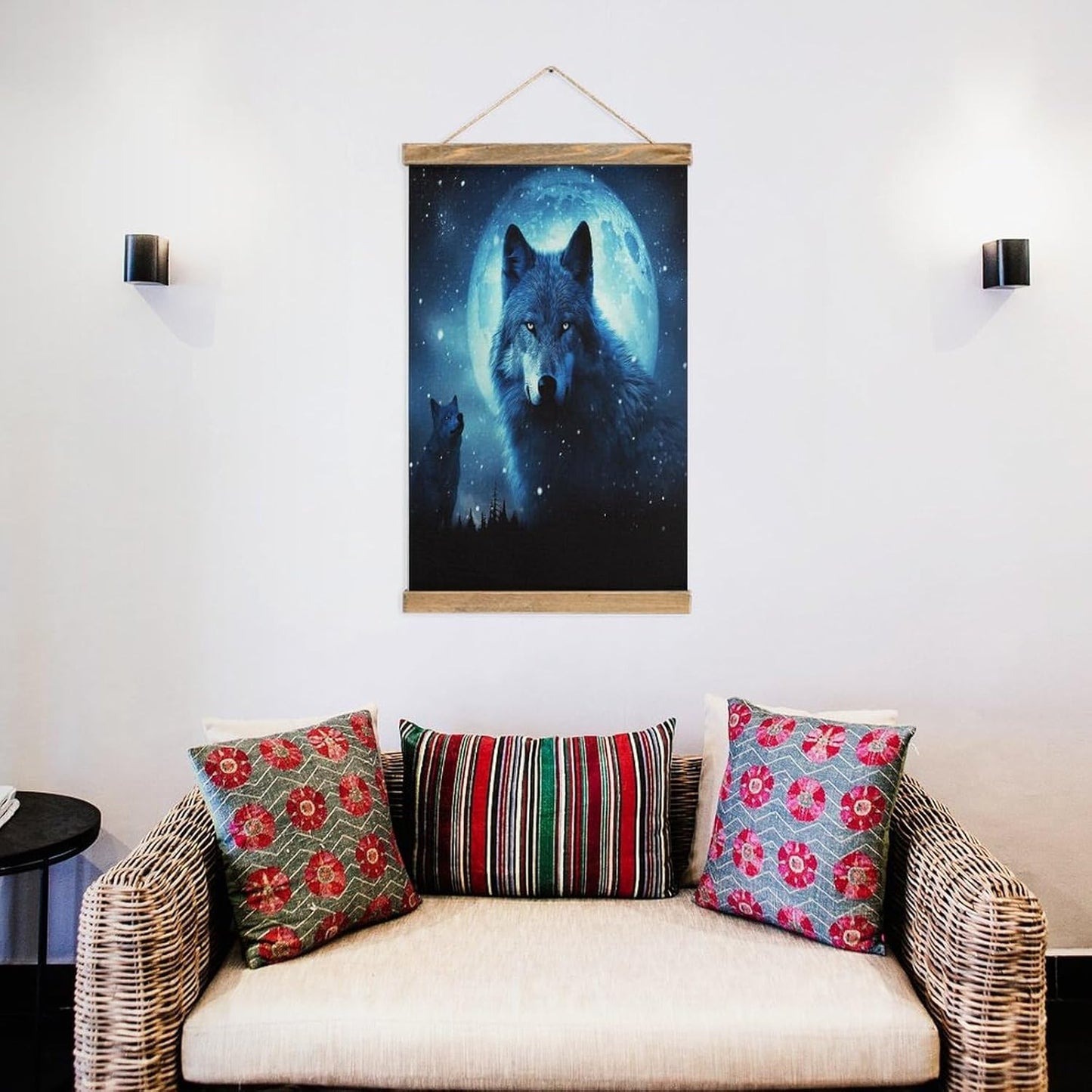 Vintage Wolfs Poster with Wooden Frame Personalized Linen Hanging Scroll Painting Rustic Wall Hanging Illustrative Modern Artwork Decor for Home Living Room Bedroom Office