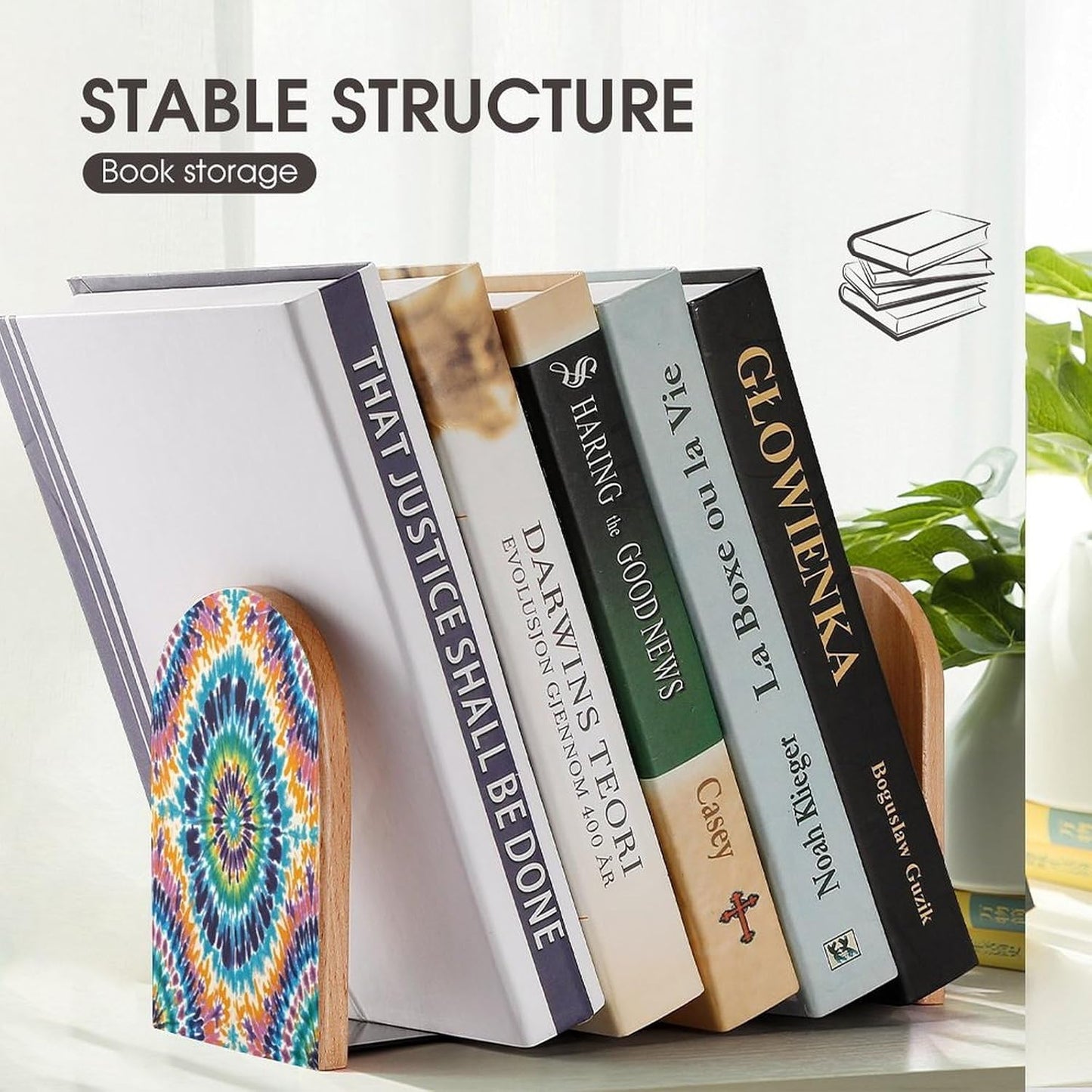 Tie Dye Pattern Bookends 1 Pair Heavy Duty Book Ends for Shelves Non-Skid Bookend Supports Wooden Book Holders with Metal Base Desk Organizers Books Storage to Hold Books