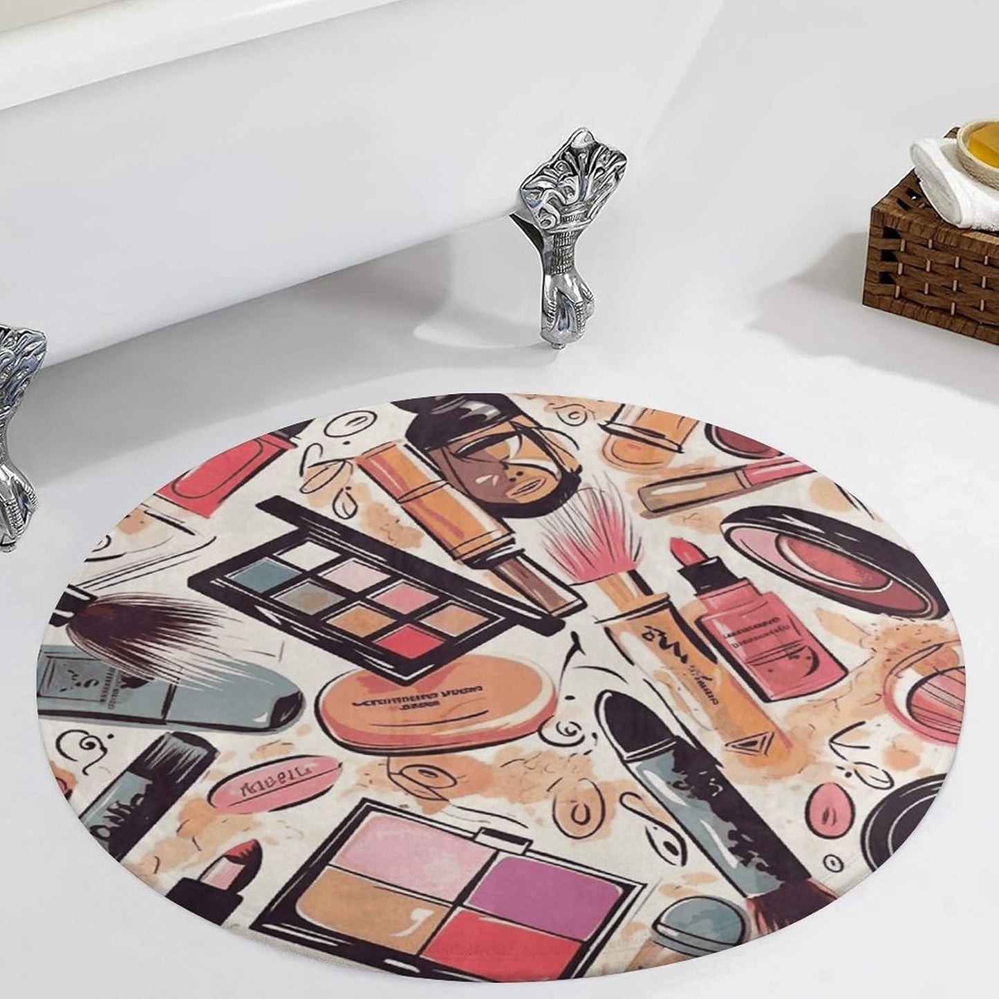 Cosmetic and Makeup Theme Pattern Circle Rug Retro Luxury Coral Velvet Floor Mat Non Slip Soft Indoor Floor Carpet Comfy Thickened Area Rugs Modern Aesthetic Minimalist Carpets for Home Decor