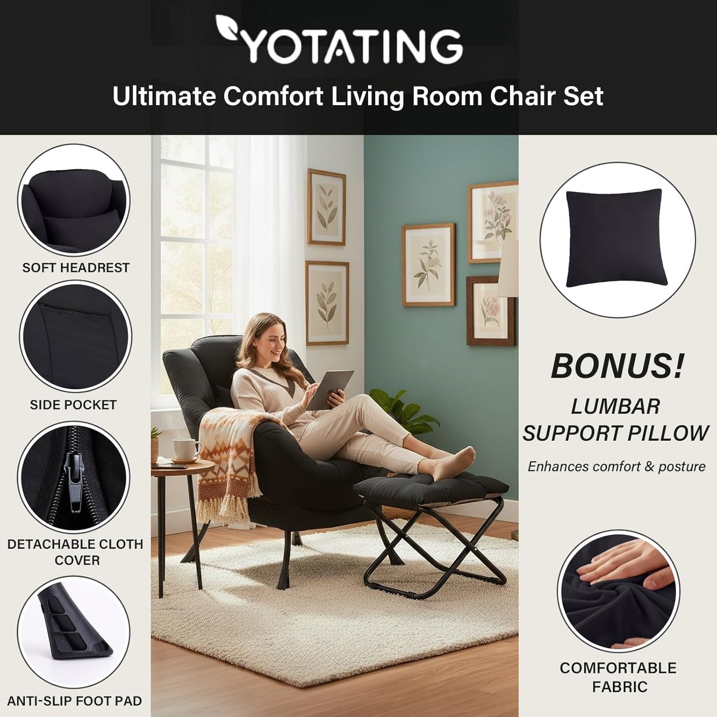 Lazy Chair with Ottoman, Modern Accent Leisure Sofa Chair with Footrest Stool & Throw Pillow, Modern Lounge Chair with Armrests for Living Room, Black