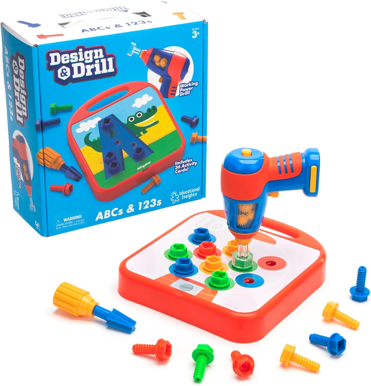 Educational Insights Design & Drill ABCs & 123s - Building Construction Toys for Toddlers, Kids Tool Set with Drill Toy, Preschool Learning Activities, Toddler STEM Toys for 3+ Year Old