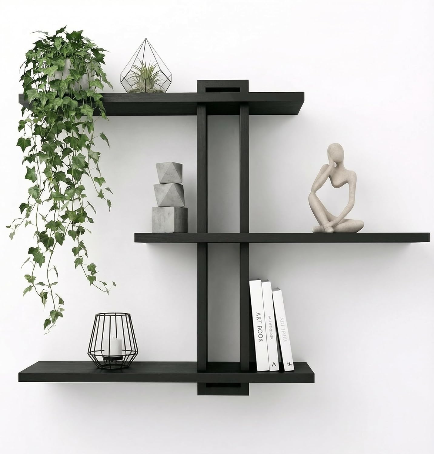 Black Floating Shelves, 3 Tier Pine Wood 20 Inch Large Wall Mounted Shelf, Storage Display for Plants Photos Books, Bathroom Bedroom Living Room Kitchen Home Office Decor