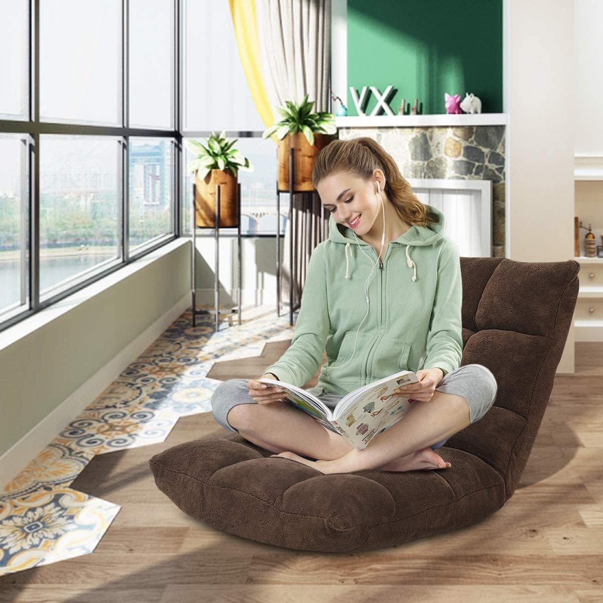FANTASK 14-Position Floor Sofa, Folding Memory Foam Chair w/Comfy Cushions & Study Steel Frame, Angle Adjustable Couch Sofa for Reading, Gaming, Meditating (Coffee)