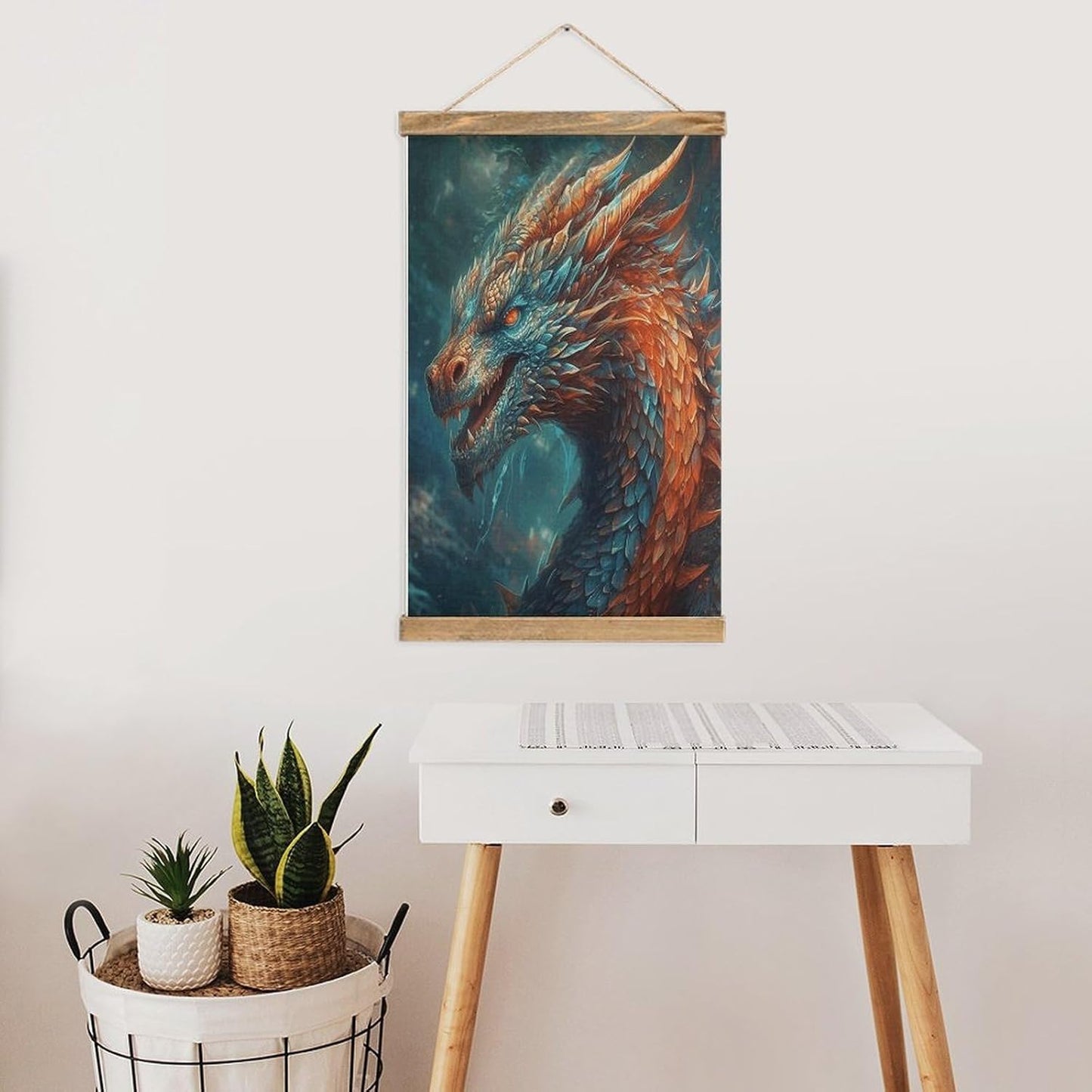 Vintage Dragon Art Poster with Wooden Frame Personalized Linen Hanging Scroll Painting Rustic Wall Hanging Illustrative Modern Artwork Decor for Home Living Room Bedroom Office