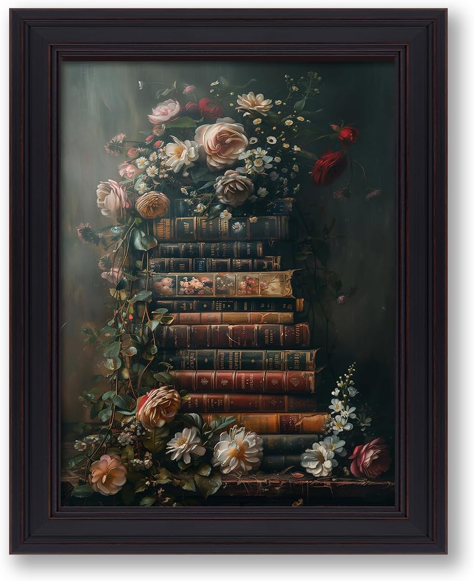 Vintage Framed Book Floral Wall Art Dark Academia Antique Flower Poster Retro Library Botanical Oil Painting Rustic Cottagecore Canvas Prints for Gallery Bathroom 08x10 inch