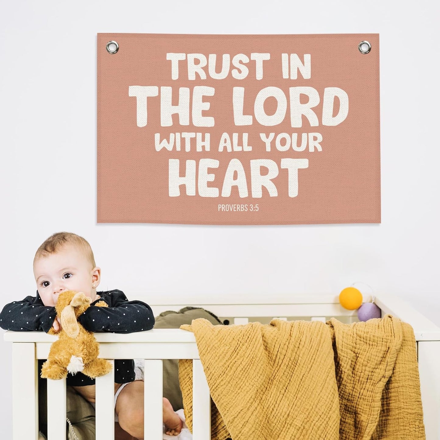 Christian Kids Banner Canvas, Scripture Trust in The Lord Toddler Room Decor, Positive Bible Verse Hanging Flag Sign, Nursery Boho Wall Tapestry Art for Playroom Bedroom Classroom 20x30in