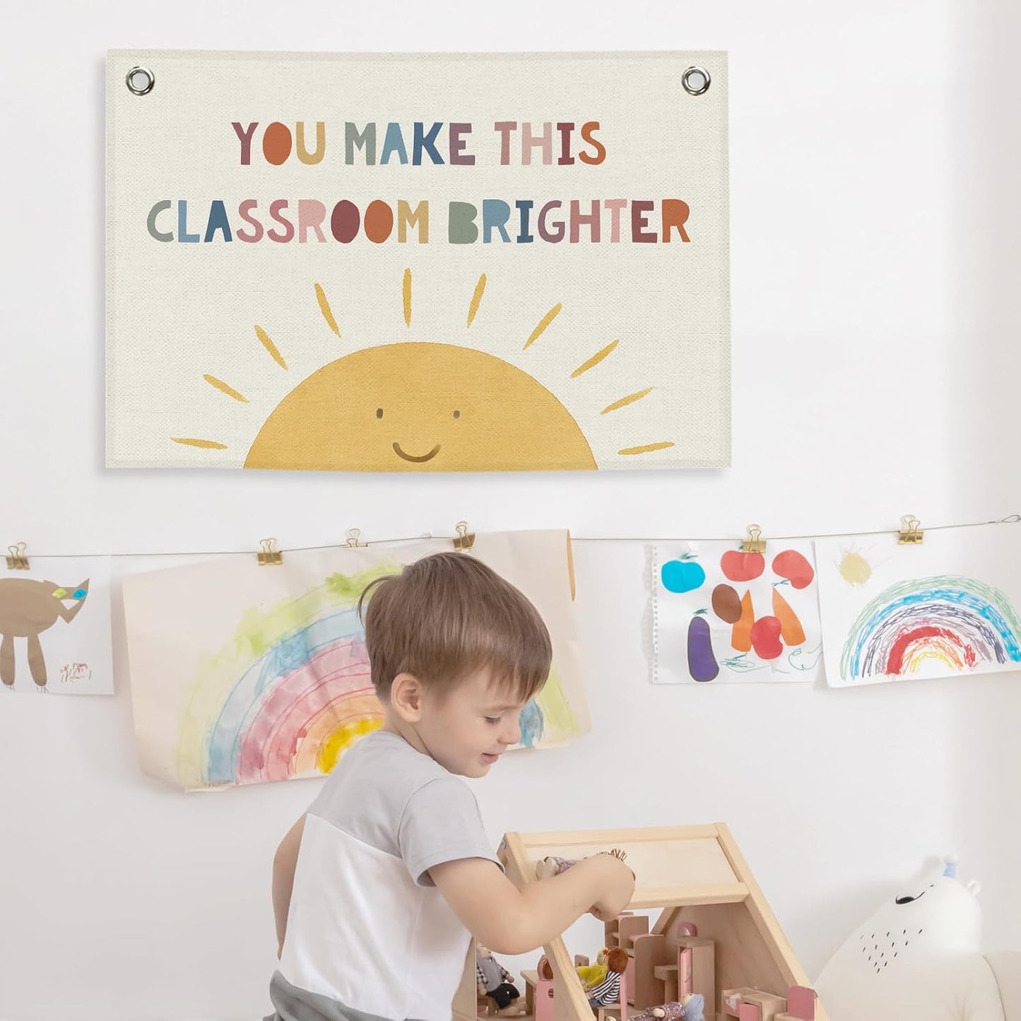 Classroom Sun Kids Banner Canvas, You Make This Classroom Brighter Toddler Room Decor, Inspirational Educational Hanging Flag Sign, Nursery Wall Tapestry Art for Playroom School Decor 20x30in