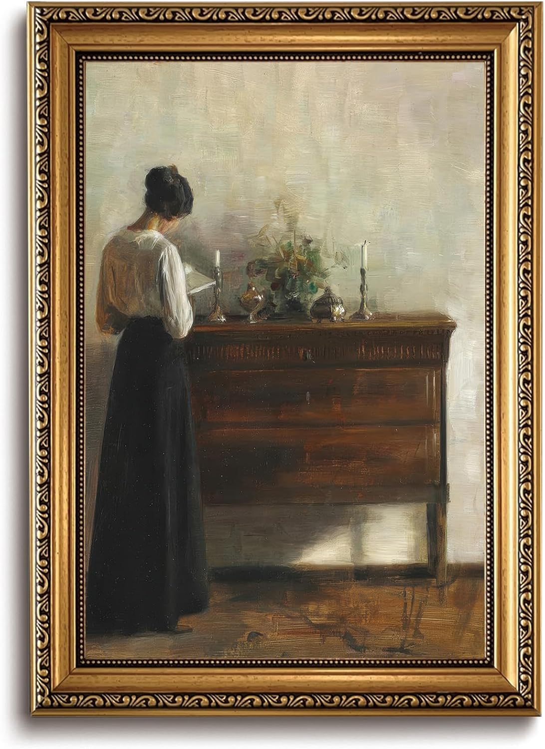LHHJDIO Vintage Gold Framed Wall Art Classic Woman Reading Portrait Canvas Wall Art 19th Century Antique Decor Dark Academia Aesthetic Art Prints for Living Room Bedroom Study 16"x24"