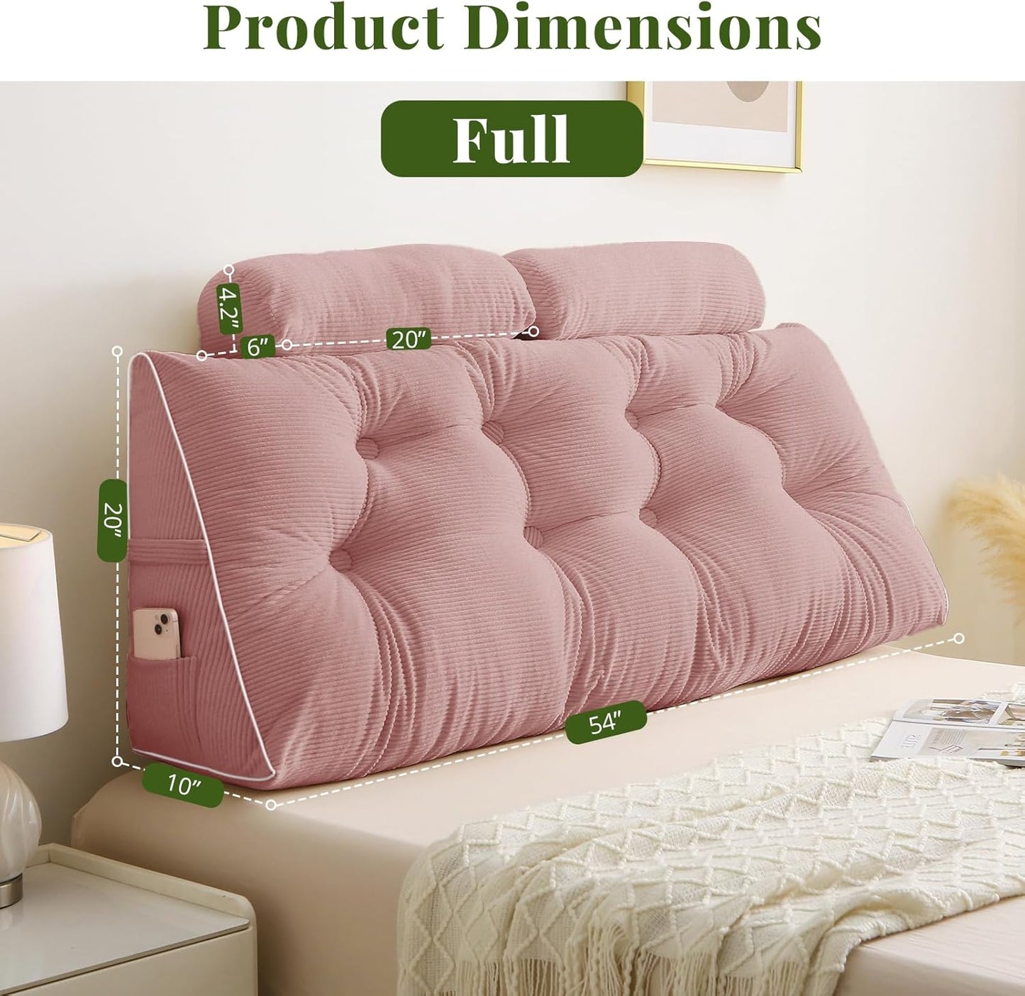 Sasttie Headboard Pillow Full, Wedge Pillow Headboard for Bed Sitting Up, Back Support Pillows for Reading, Sitting or Working with Detachable 2 Pack Neck Bloster Pillows, Pink