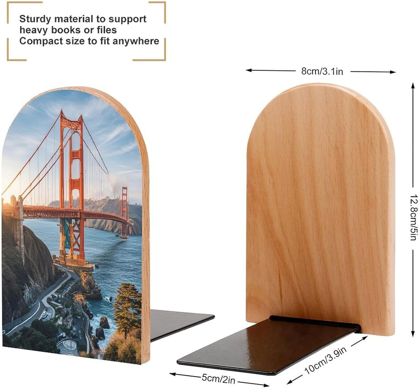 Golden Gate Bridge Bookends 1 Pair Heavy Duty Book Ends for Shelves Non-Skid Bookend Supports Wooden Book Holders with Metal Base Desk Organizers Books Storage to Hold Books