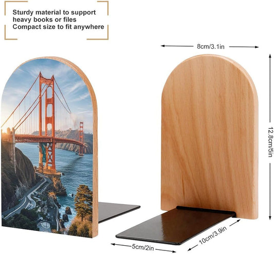 Golden Gate Bridge Bookends 1 Pair Heavy Duty Book Ends for Shelves Non-Skid Bookend Supports Wooden Book Holders with Metal Base Desk Organizers Books Storage to Hold Books