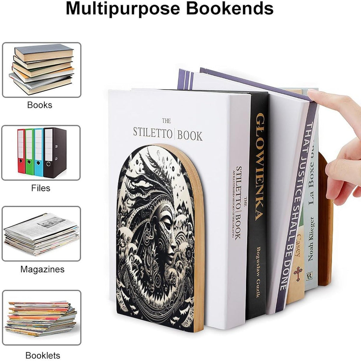 White and Black Tribal Illustration Wooden Bookend Non-Slip Book Ends Heavy Duty Book Stopper with Metal Base Books Holderd Decorative Bookends Stands Firmly for Office Supplies
