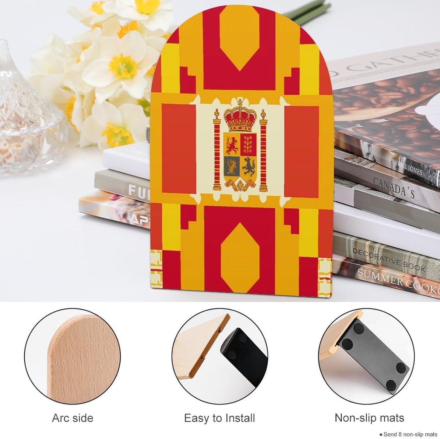 Spanish Flag Pattern Wooden Bookend Non-Slip Book Ends Heavy Duty Book Stopper with Metal Base Books Holderd Decorative Bookends Stands Firmly for Office Supplies