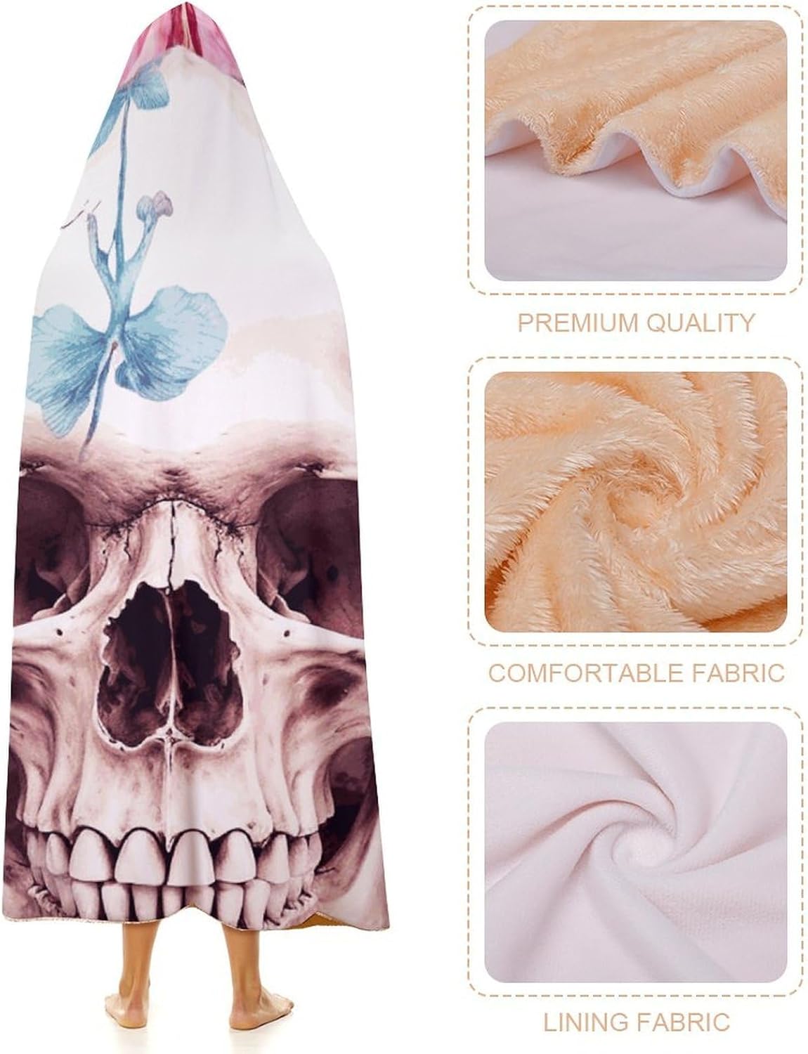 Human Skull Pink Flowers Wearable Blanket Hoodie for Women Men Oversized Soft Fleece Blanket Sweatshirt Cozy Poncho-