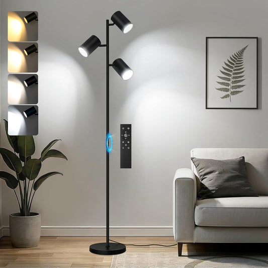 4000LM LED Tree Floor Lamp, 36W Super Bright Reading Lamp with Remote, Dimmable Tall Standing Light with 3 Rotatable Heads & 6 Color Temperatures, Modern Floor Lamps for Living Room Bedroom Office