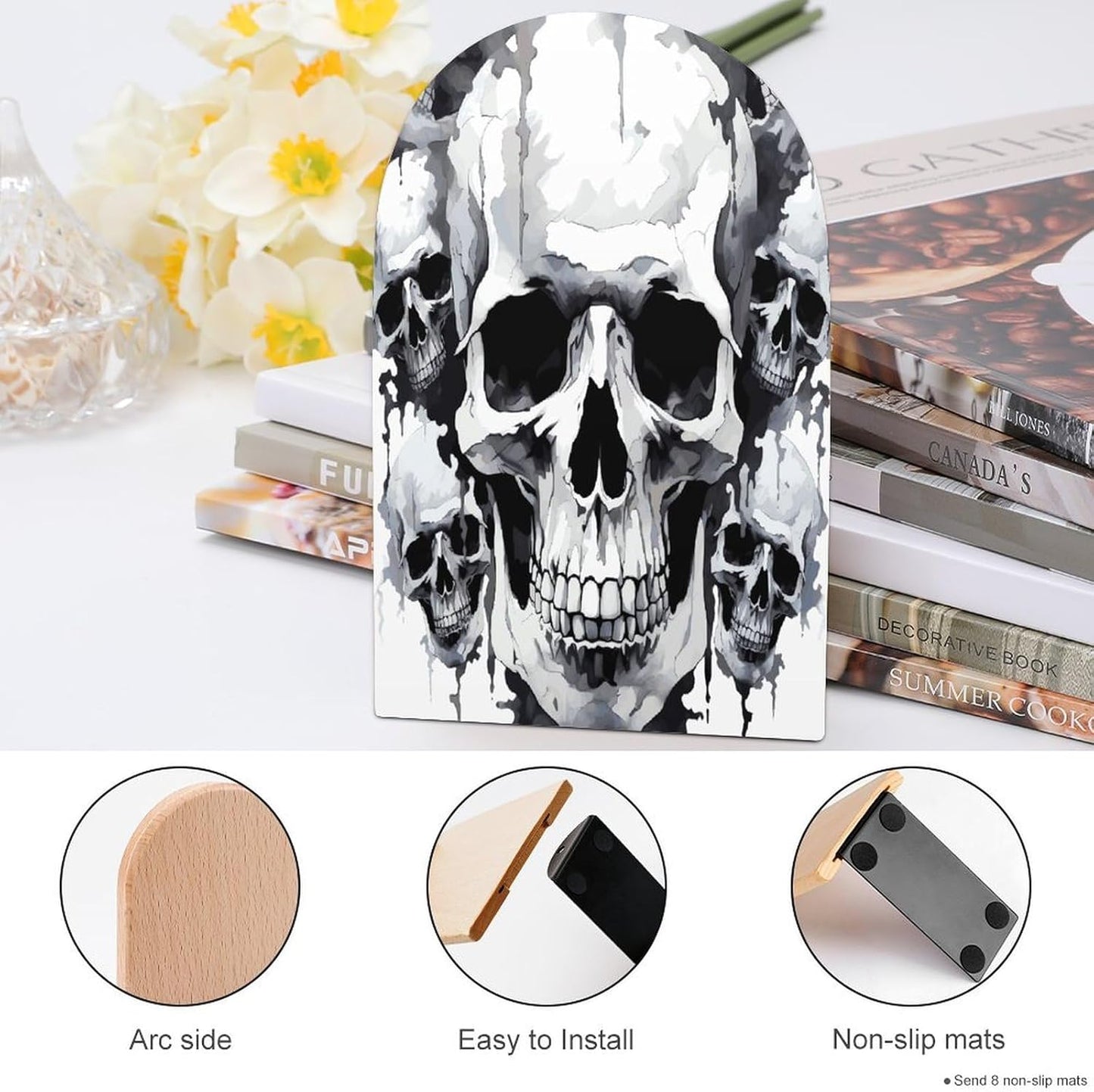 White and Gray Skull Graphics Bookend for Shelves Wooden Book End Large Size Sturdy Book Holders Stoppers with Metal Base for Bookshelves Slick Decorative Bookends Stands