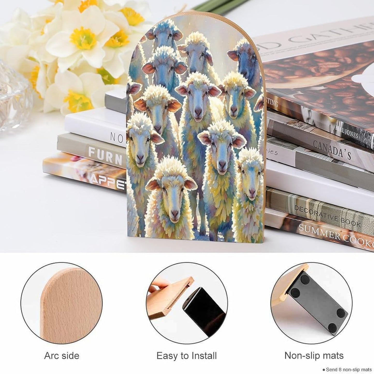 Watercolor Sheeps Bookends 1 Pair Heavy Duty Book Ends for Shelves Non-Skid Bookend Supports Wooden Book Holders with Metal Base Desk Organizers Books Storage to Hold Books