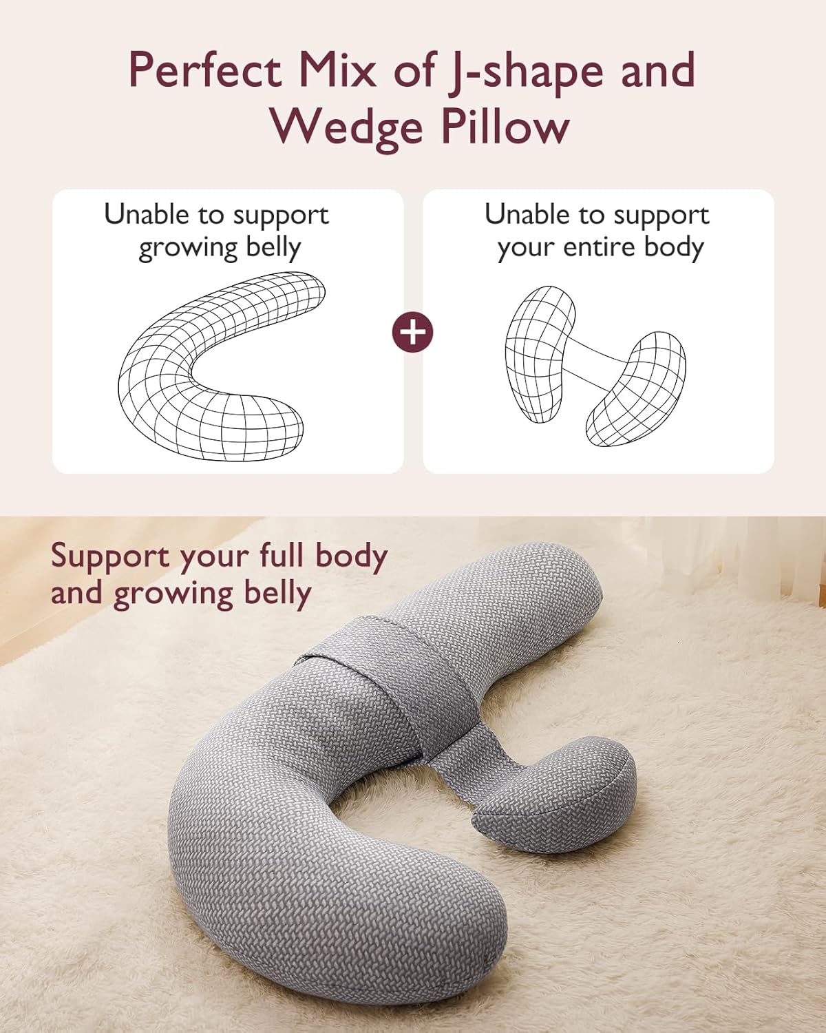 Momcozy Pregnancy Pillow, Original F Shaped Maternity Pillow for Pregnant Women with Adjustable Wedge Pillow, Full Body Support Pregnancy Pillows for Side Sleeping with Air Layer Cover, Grey