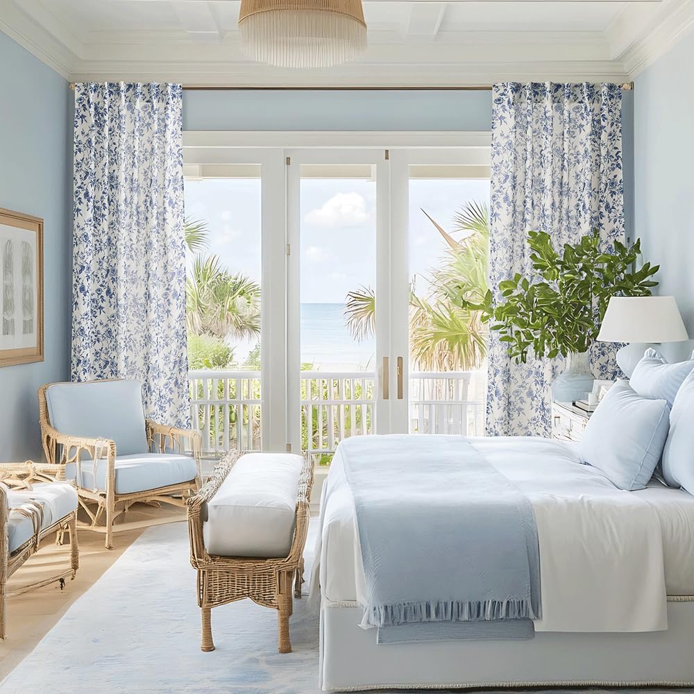 NICETOWN Blue Floral Curtains for Kitchen & Nursery, Linen Blend Drapes with Vintage Peony, Privacy & Light Filtering Inspired by British Museum's Blue & White Porcelain, W52 x L63 in, 2 Panels