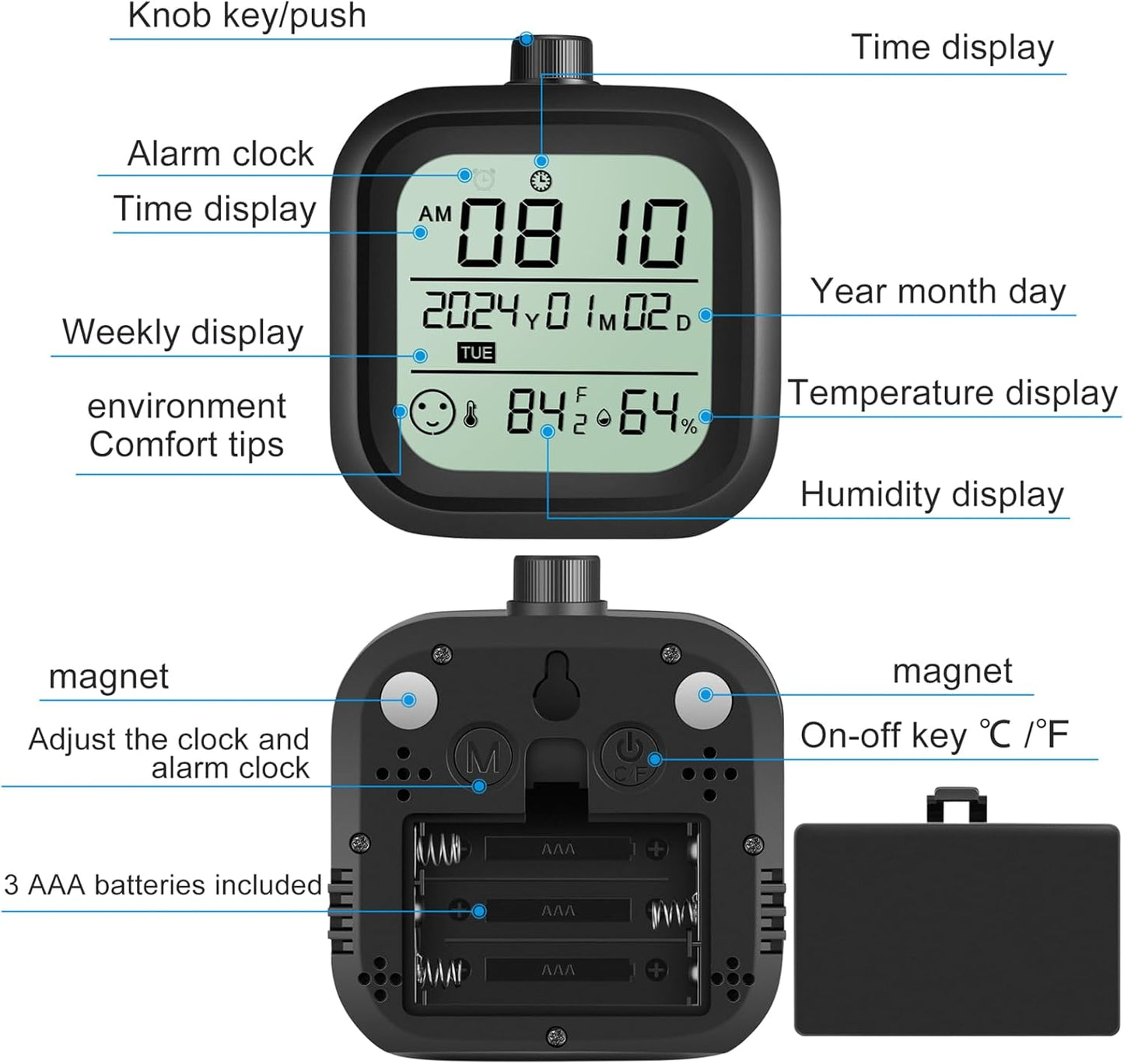 Digital alarm clock battery operation travel calendar desk shower room wall clock time thermometer hygrometer black