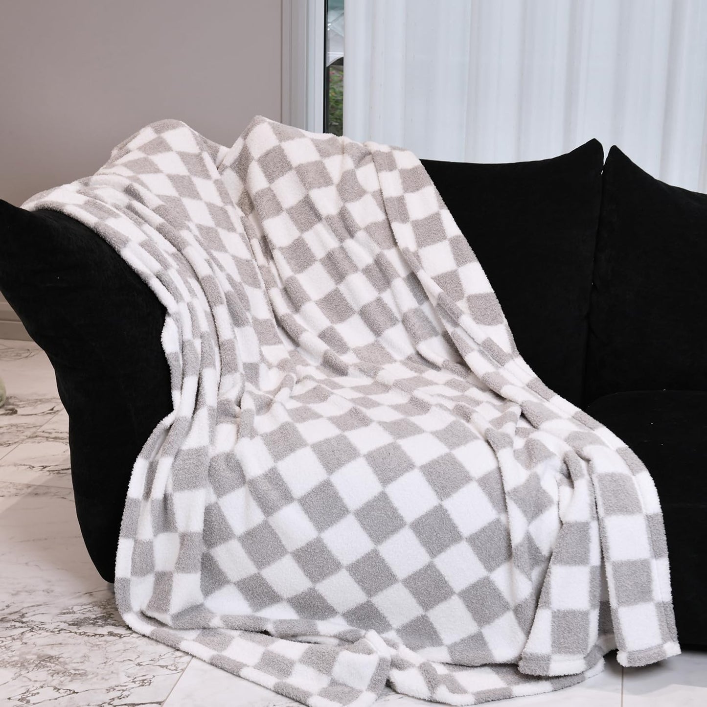 MERRYLIFE Checkered Throw Blanket Knitted Double-Side Checkerboard Grid Ultra-Plush Soft Fuzzy Cozy Blanket for Couch Chair Bed Travel (Grey-1, 60x90inch)