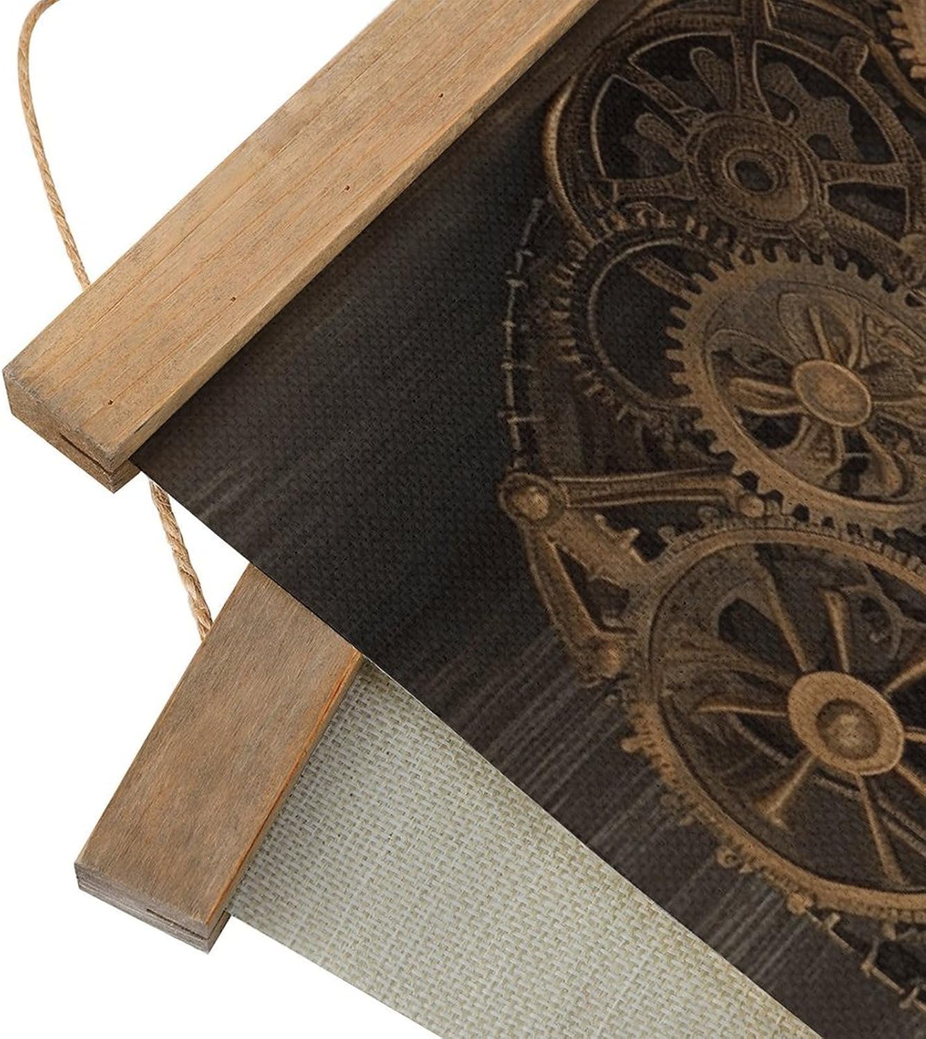 Vintage Steampunk Gears Clock Poster with Wooden Frame Personalized Linen Hanging Scroll Painting Rustic Wall Hanging Illustrative Modern Artwork Decor for Home Living Room Bedroom Office