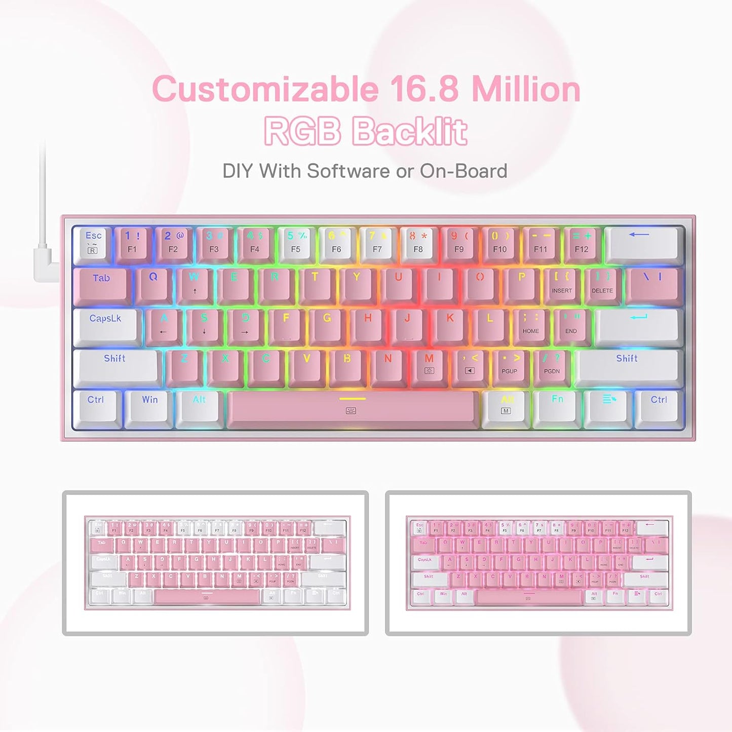 Redragon K617 Fizz 60% Wired RGB Gaming Keyboard, 61 Keys Hot-Swap Compact Mechanical Keyboard w/White and Pink Color Keycaps, Linear Red Switch, Pro Driver/Software Supported