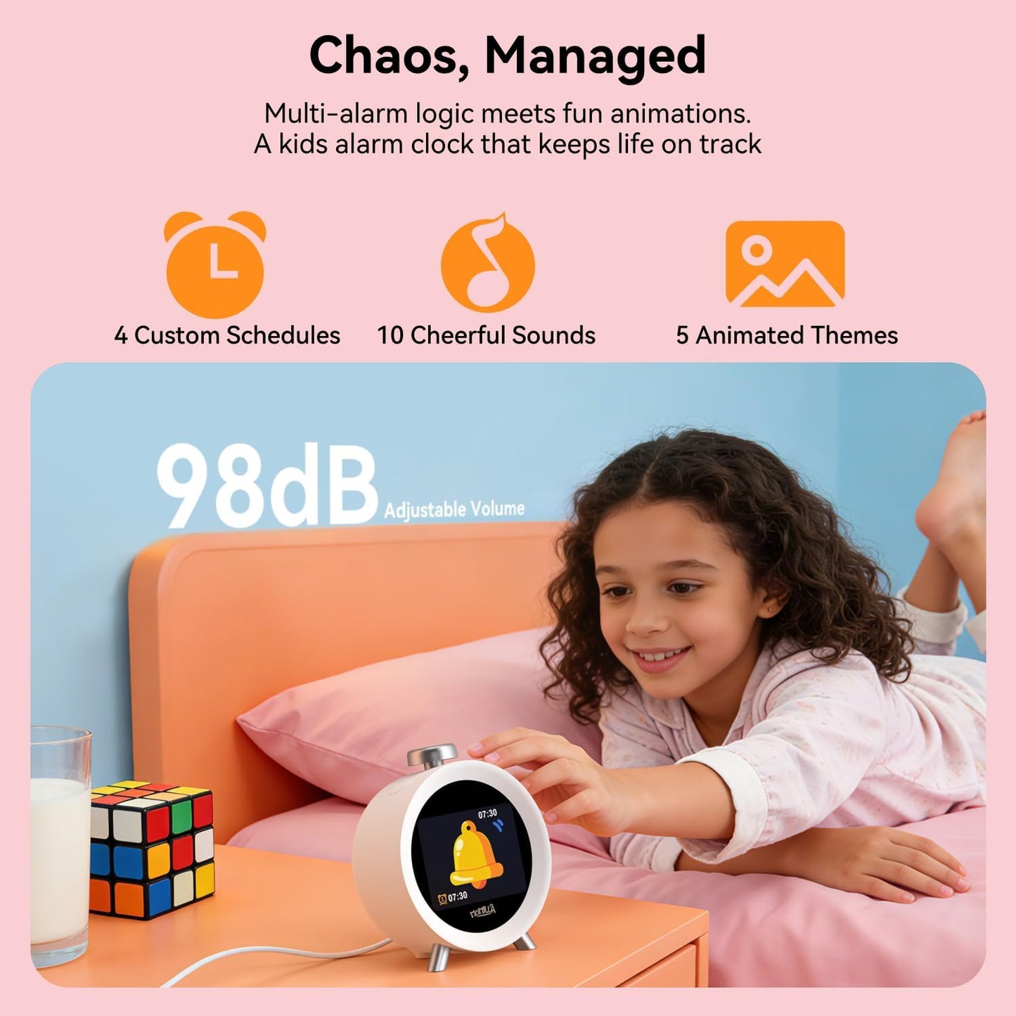 MOMILLA Alarm Clock for Kids Bedrooms, 7-Day Programmable 4 Alarms 8 Colorful Themes, Loud Clock for Heavy Sleepers Adults Teen Boys Girls, Easy to Set, White Noise Sound Machine, Hourly Chime