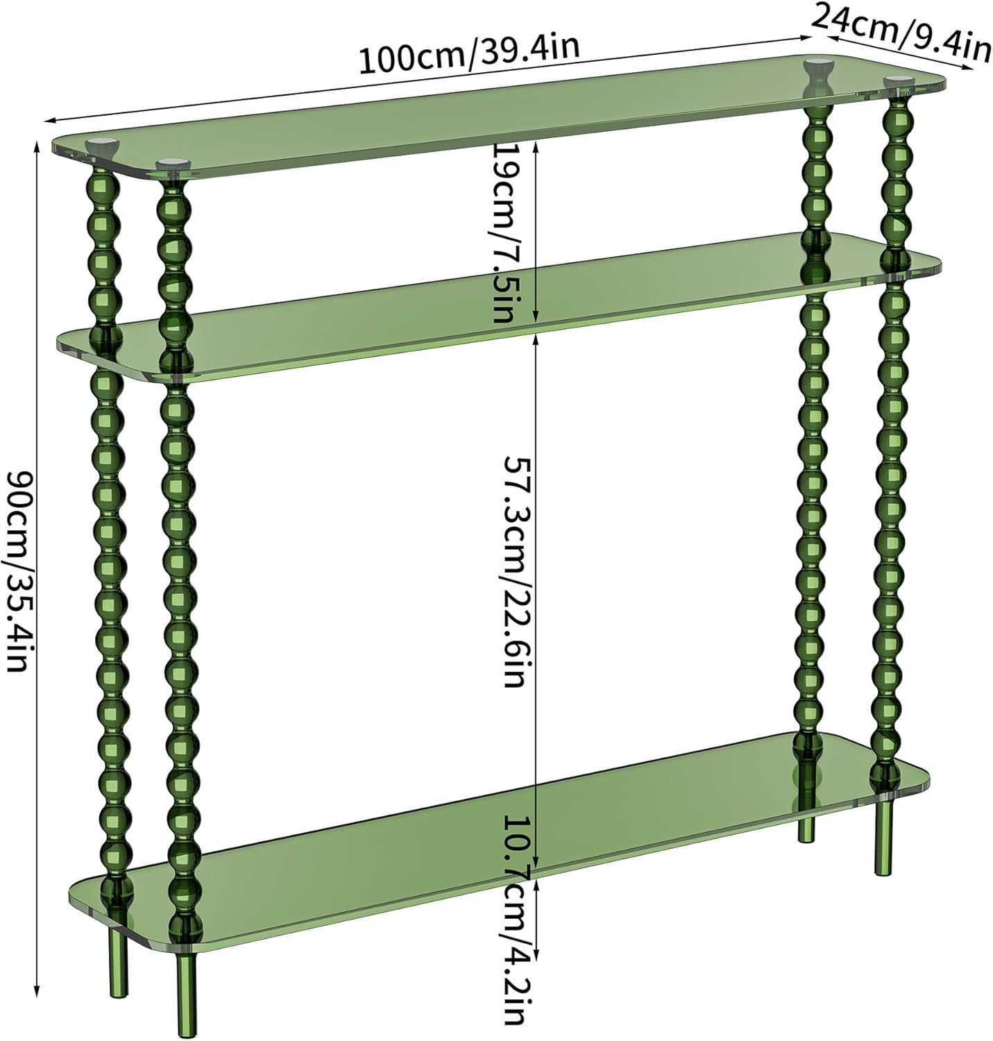 Acrylic Console Table Narrow, 3 Tier Long Entryway Table with Storage, Mid-Century Modern Sofa Table Entry Table for Living Room, Hallway (Green, 39.4“×9.4”×35.4“)