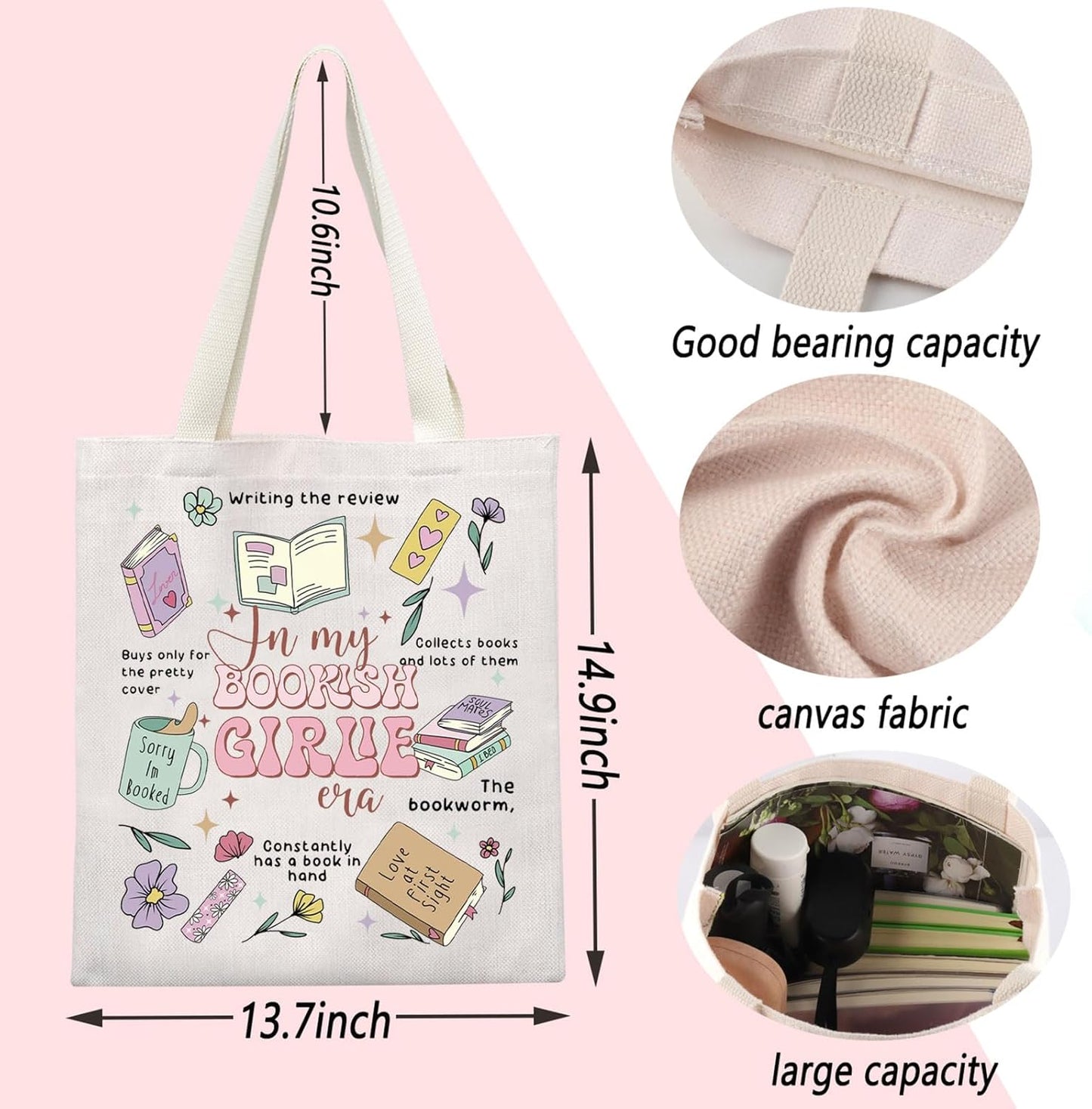 ENSIANTH In My Bookish Girlie Era Romance Reader Tote Bag, Bookaholic Gift for Book Lovers, Bookish Social Club Handbag