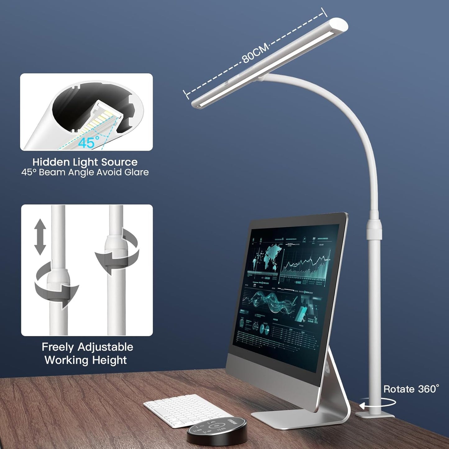 Desk Lamp, 31.5" Desk Light for Home Office, Brightest 24W, Gesture Sensor & Remote Control, Dimmable & Color Temperature, Monitor Light Bar with Telescopic Rod, Height Adjustable