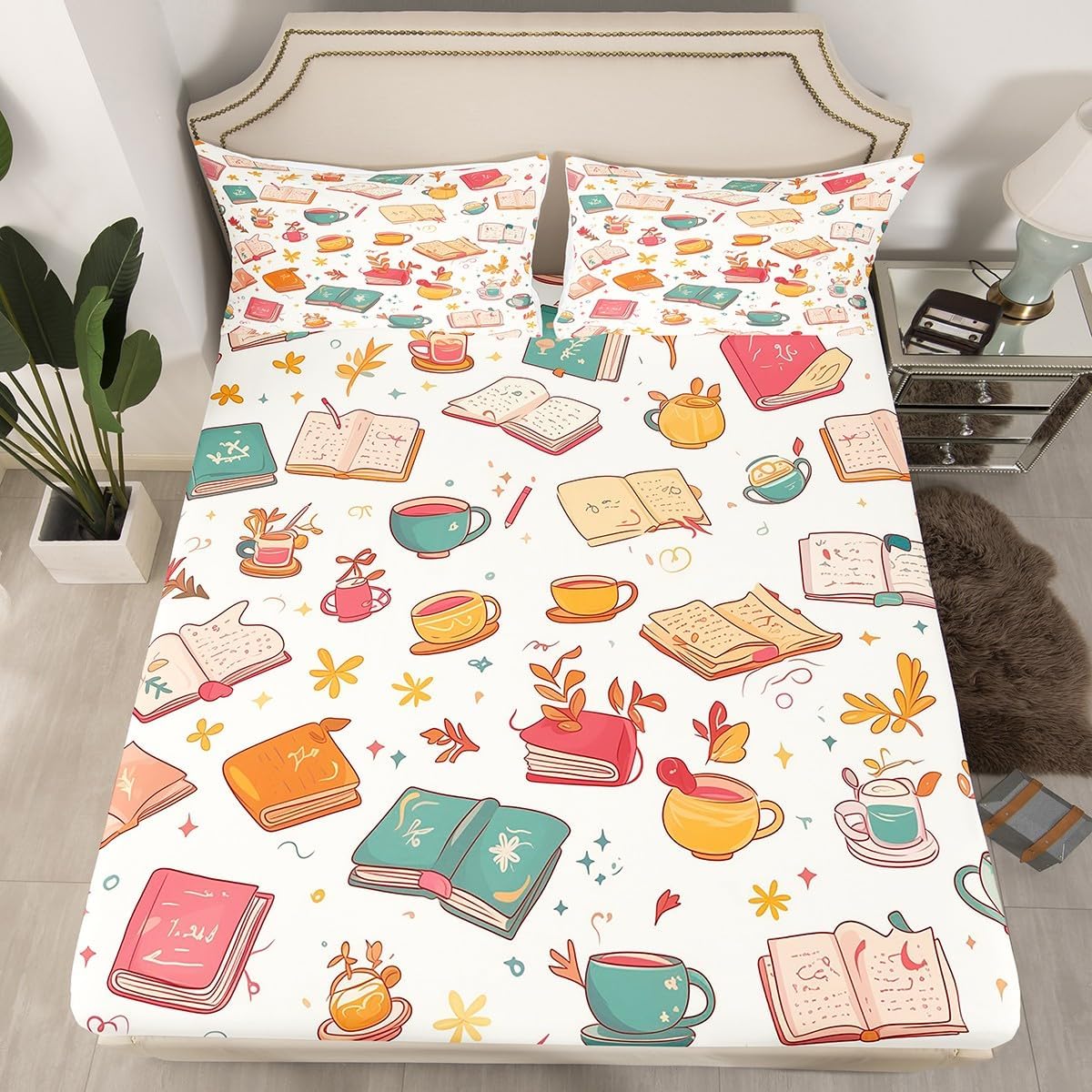 Erosebridal Cartoon Books Bed Sheets Set Coffee Botanical Maple Leaf Sheet Set Twin Autumn Reading Themed Sheets for Kids Boys Girls Teens Bedroom Decor