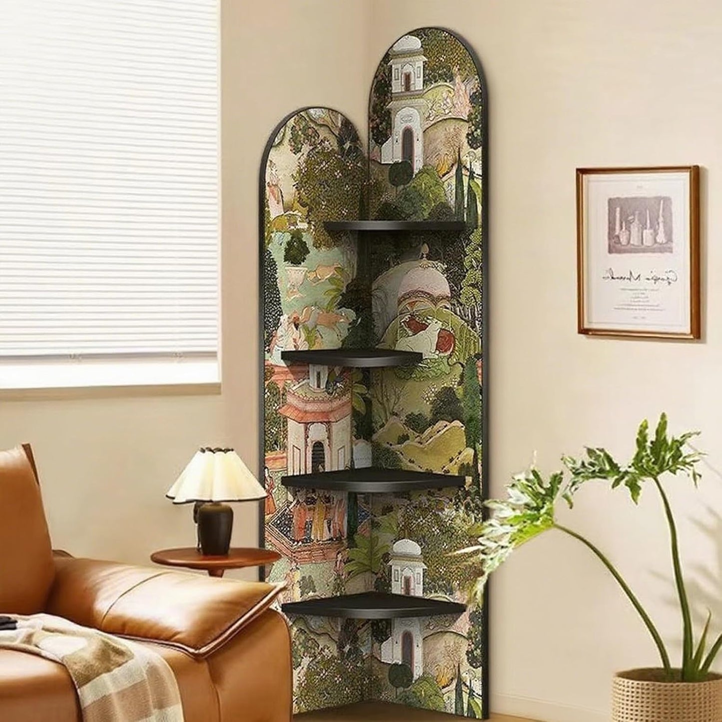 4-Tier Corner Bookcase Wood Shelf,Open Display Storage Stand Bookshelf,Fan-Shaped Storage Cabinet with Decorative Painting,Corner Wall Shelf for Living Room,Office(B,170*40cm/66.9*15.7in)