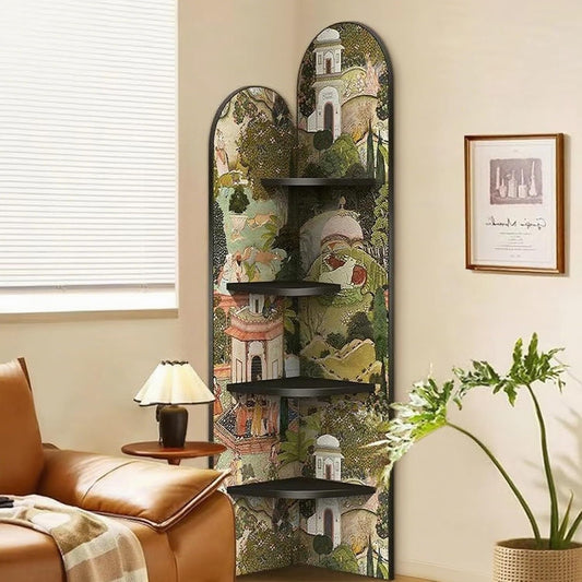 4-Tier Corner Bookcase Wood Shelf,Open Display Storage Stand Bookshelf,Fan-Shaped Storage Cabinet with Decorative Painting,Corner Wall Shelf for Living Room,Office(B,170*40cm/66.9*15.7in)