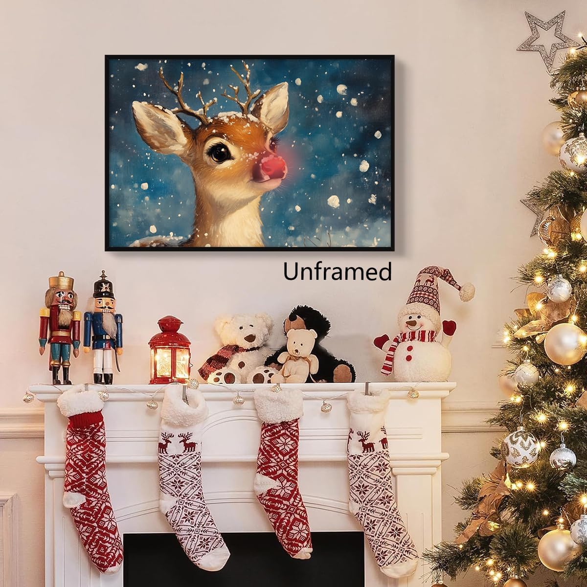 Rudolph Christmas Canvas Wall Art, Cute The Red Nose Reindeer Poster, Vintage Xmas Deer Painting Print, Farmhouse Winter Snowy Holiday Wall Decor for Bedroom Living Room 16x24in Unframed